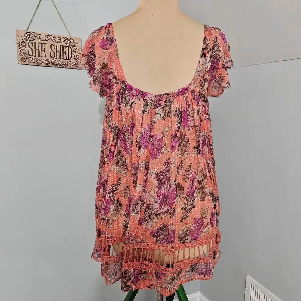 FP One Peach‎ Pink Floral Boho Tunic Top S Crochet Hem Cap Sleeve Artemis Fairy
